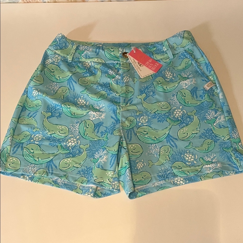 NWT Simply Southern Aqua Whale and Turtle Print Women's Shorts w/UPF